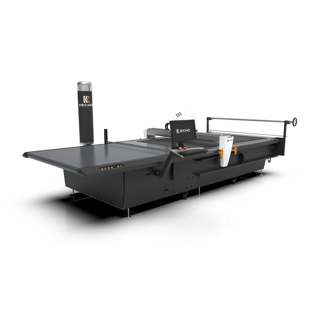 IECHO GLSA multi-layer cutting machine for textiles, foam, and leather, industrial alternative to Gerber and Lectra cutters